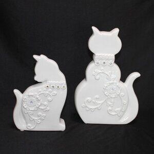 Set of White Ceramic Cats with Floral and Rhinestone Collars